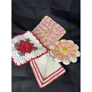 Lot of 4 Vintage Hanging Crochet Doilies Trivets Potholders Flowers Pink Red